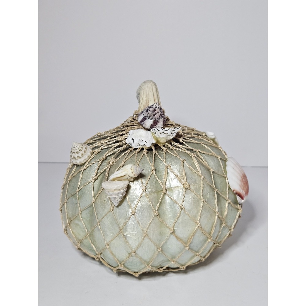 Coastal Faux Pumpkin Decor Sea Shells Fishnet Netting Sage Green Fall Autumn